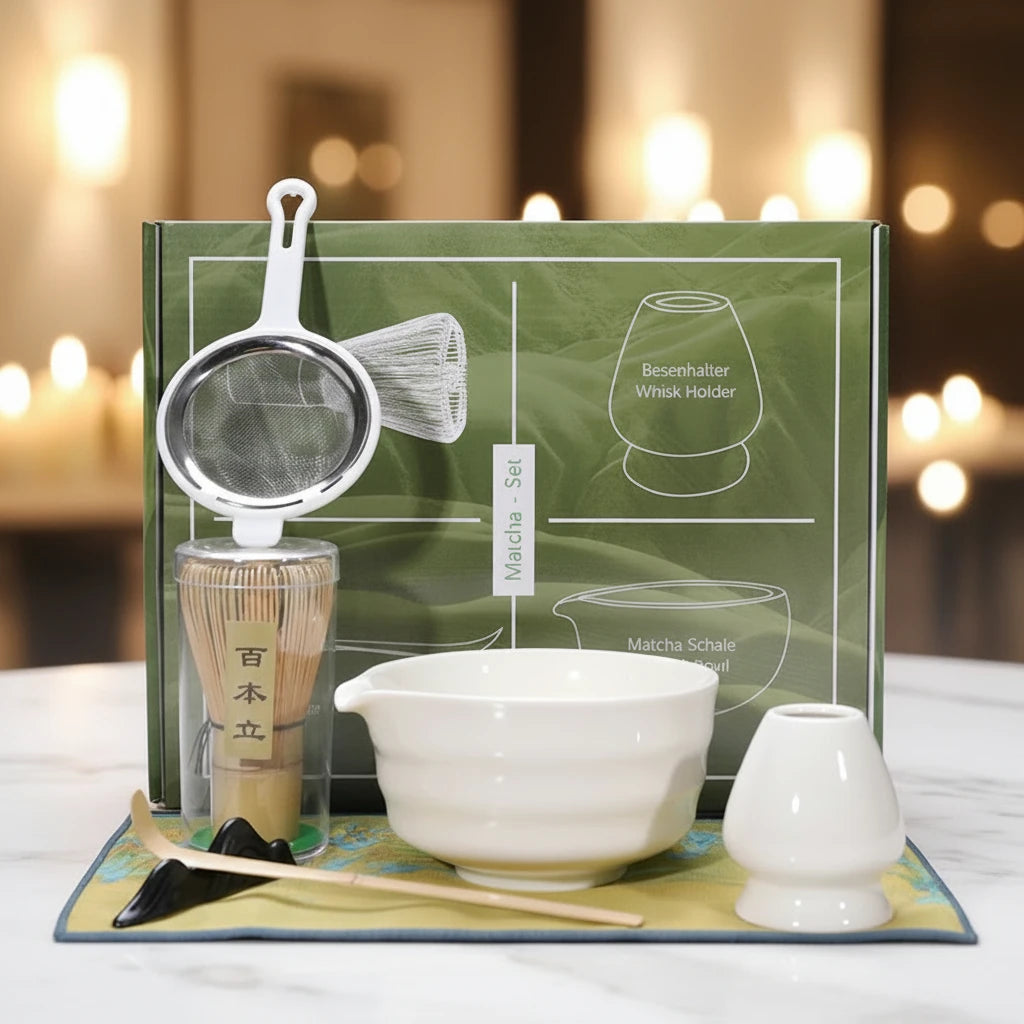 Set of tea-making tools including a bowl, whisk, and other accessories with a green box in the background.